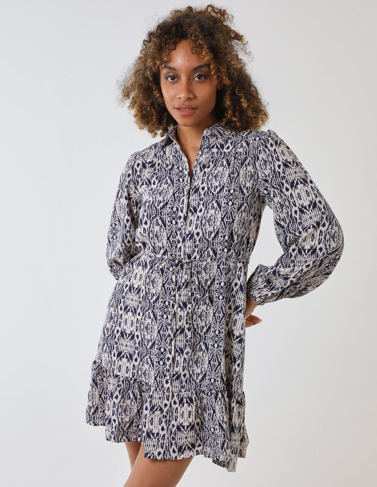 Long Sleeve Mini Shirt Dress - 14 / NAVY