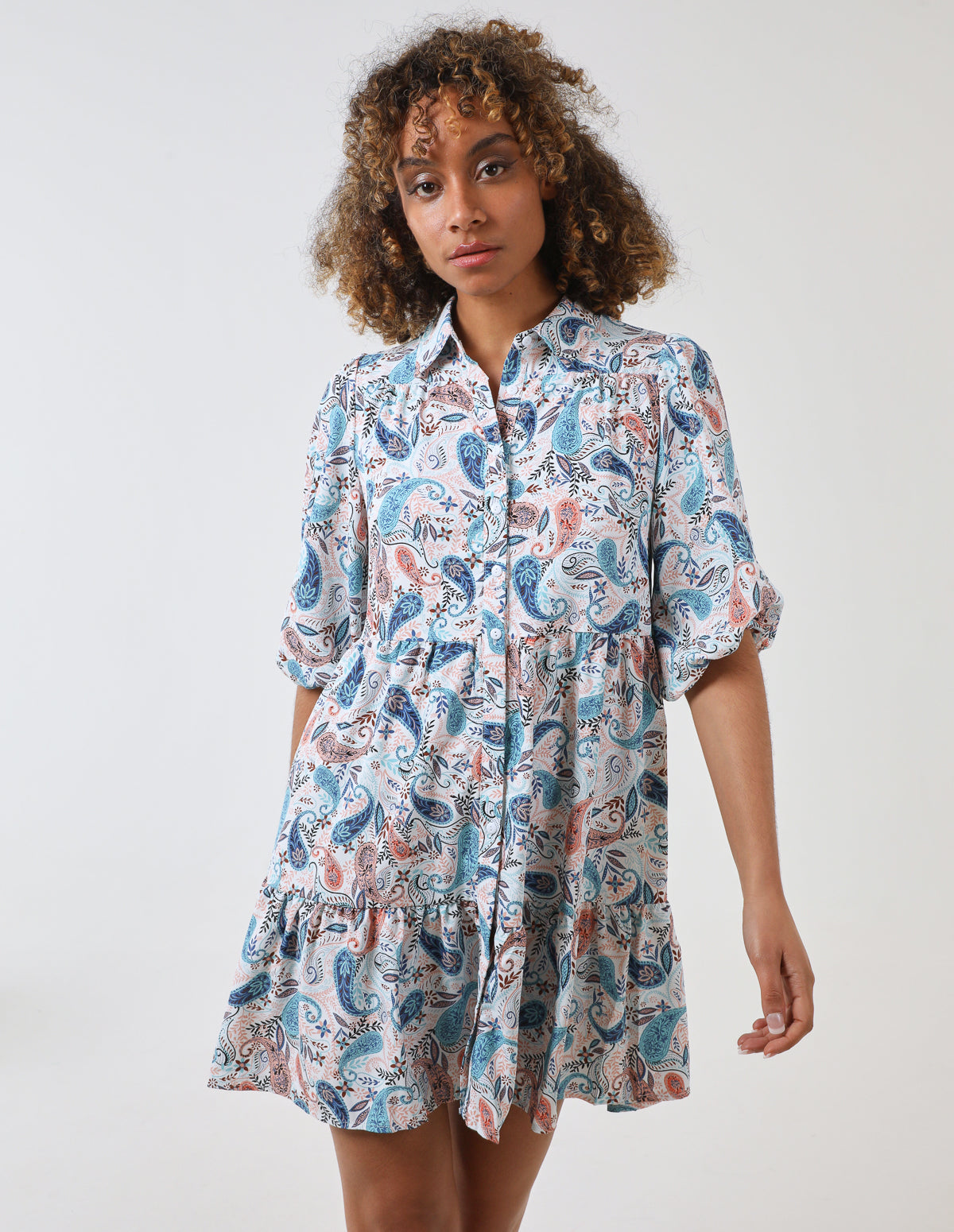 Trapeze Tiered Shirt Dress - M / WHITE PATTERN