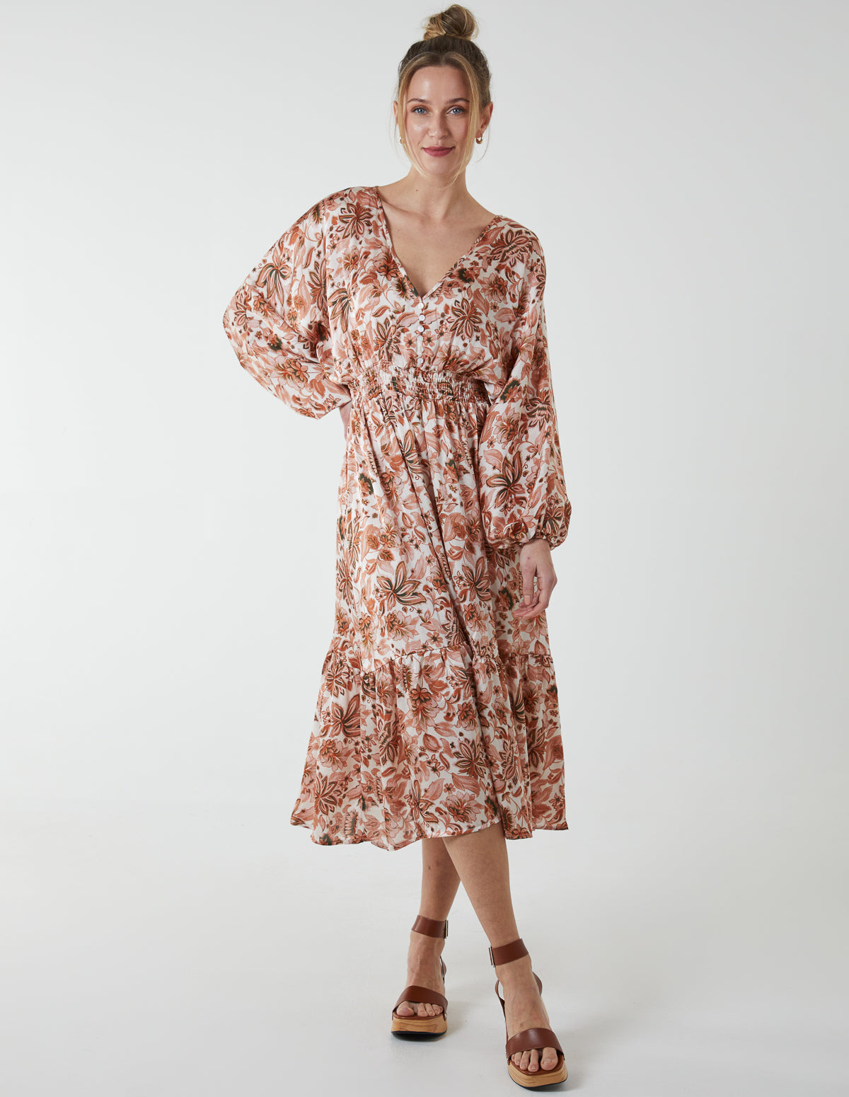 Balloon Sleeve Midi Dress - 14 / PINK PATTERN