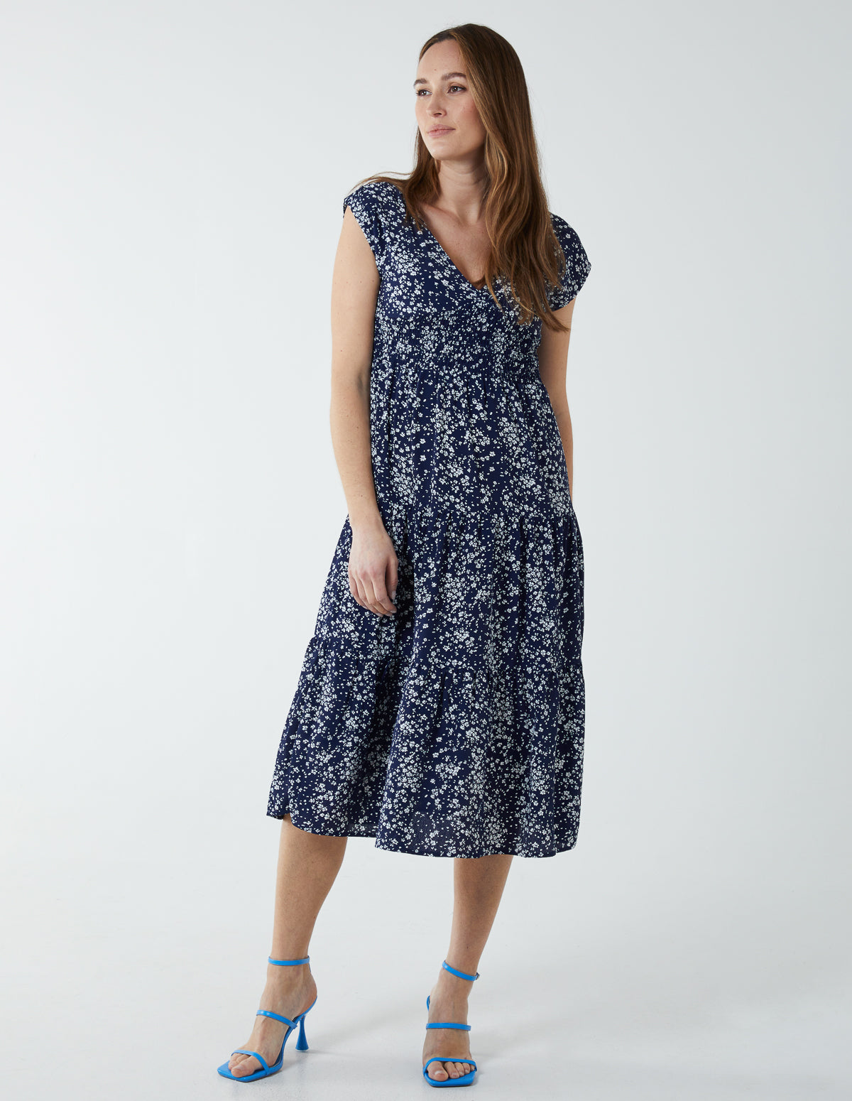 Drawstring Adjustable Tier Midi Dress - 10 / NAVY