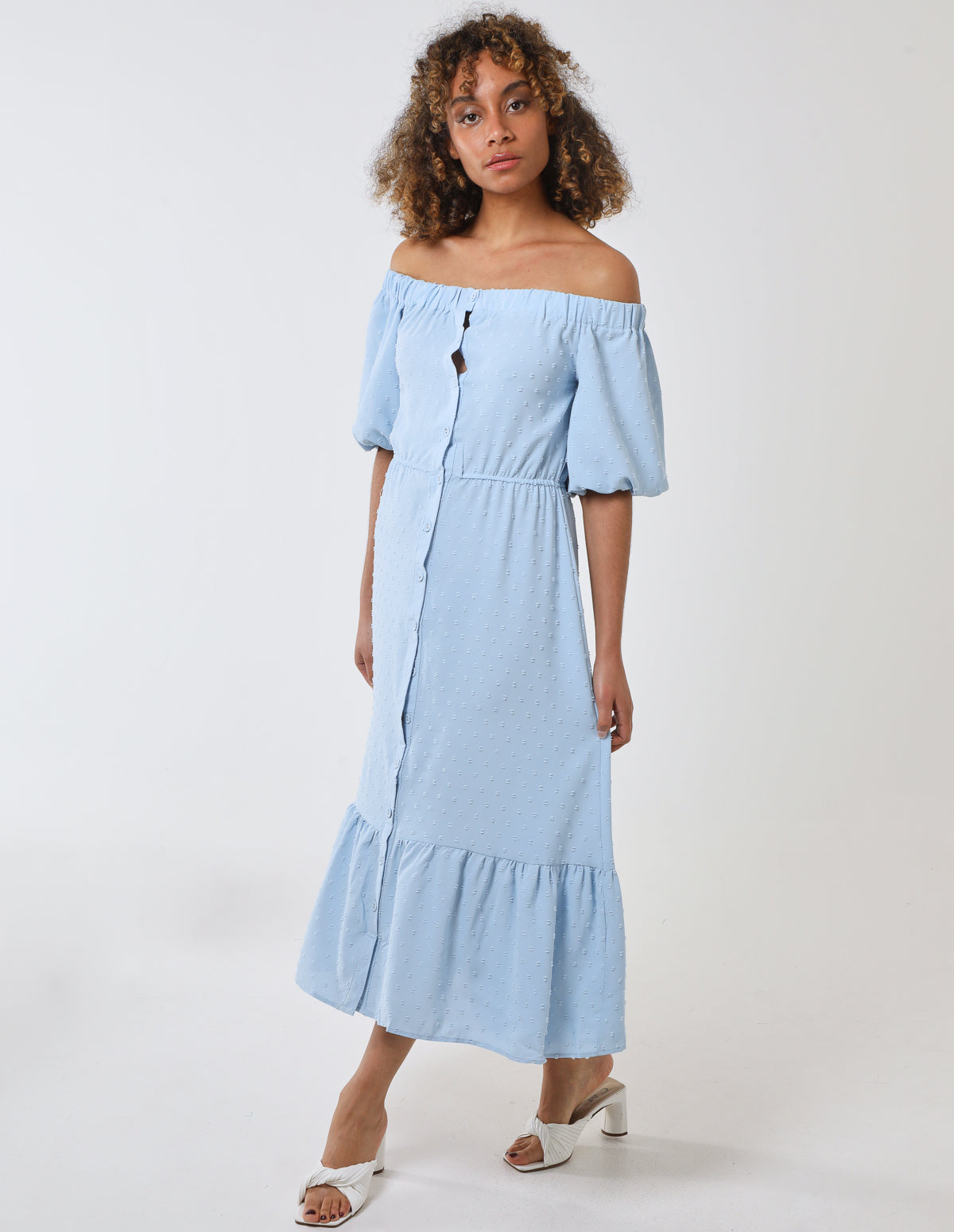 Bardot Button Through Midi Dress - 16 / Light Blue