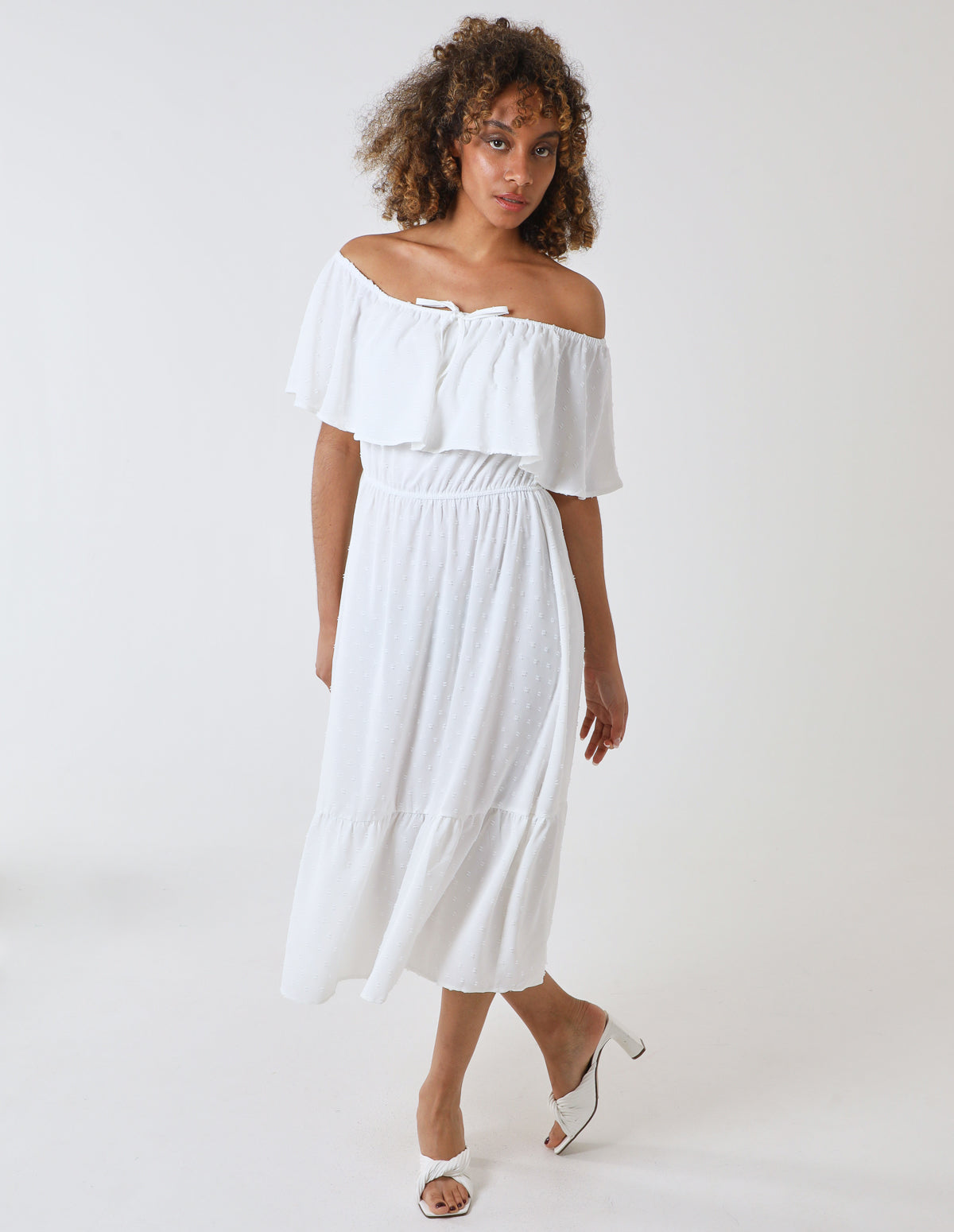 Ruffle Bardot Midi Dress - 10 / IVORY