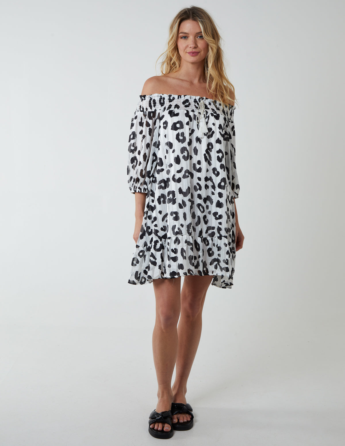 Sheared Neck Bardot Dress - M / IVORY