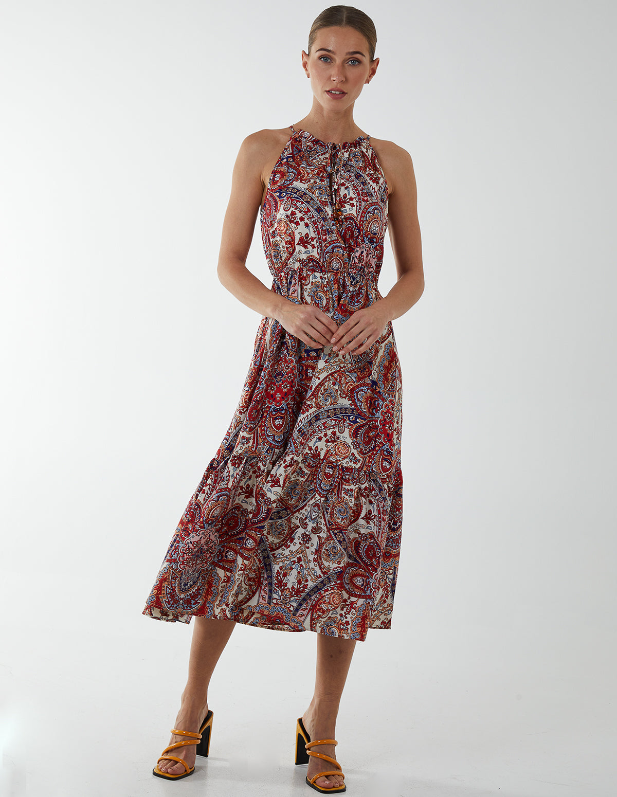 Paisley Halter Neck Keyhole Midi Dress 