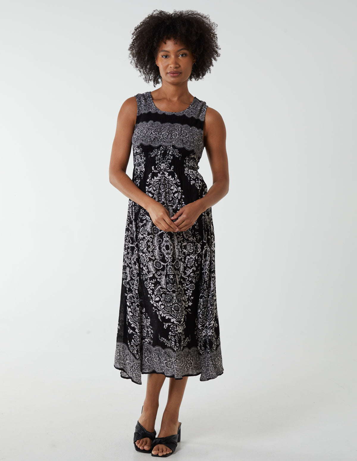 Shirred Print Midi Dress 