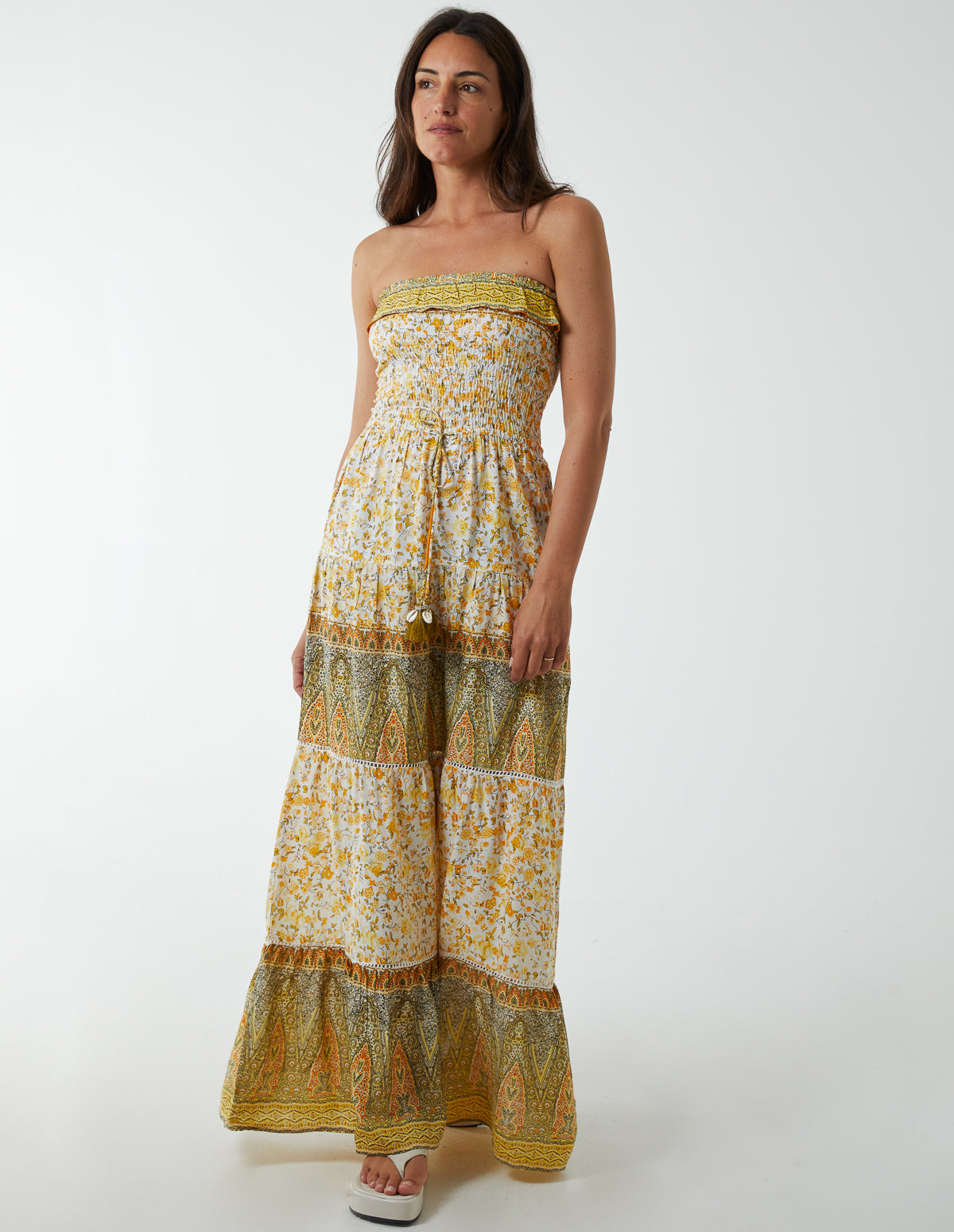 Bandeau Shirred Maxi Dress - L / Yellow