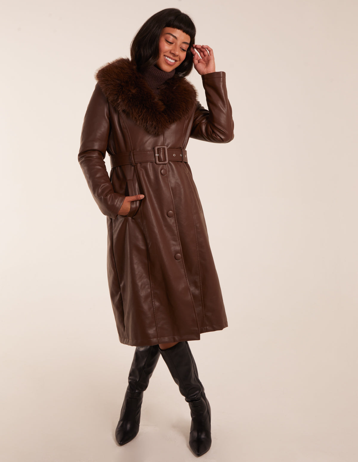 Longline Leather Look Faux Fur Coat 