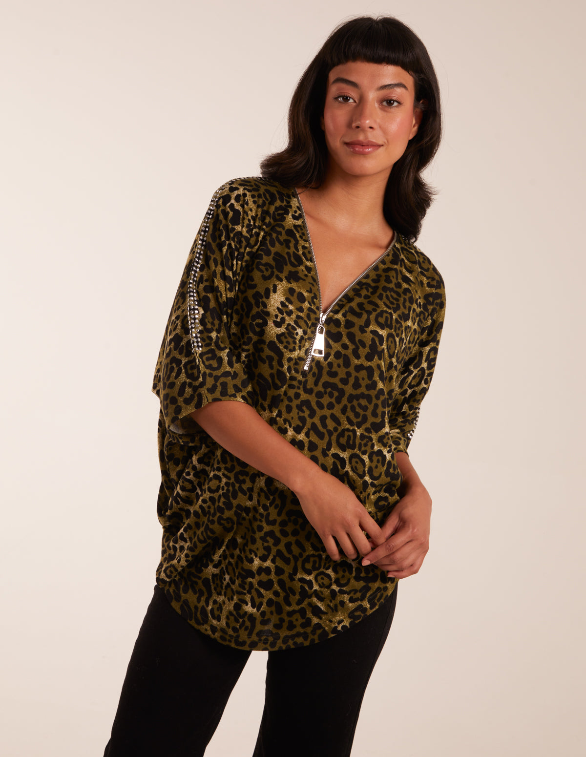 Leopard Zip Front Diamante Tunic Top 