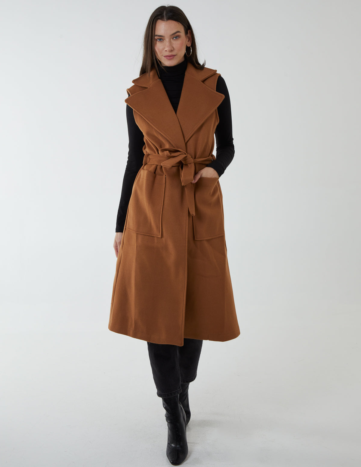 Wrap Front Belted Sleeveless Coat 