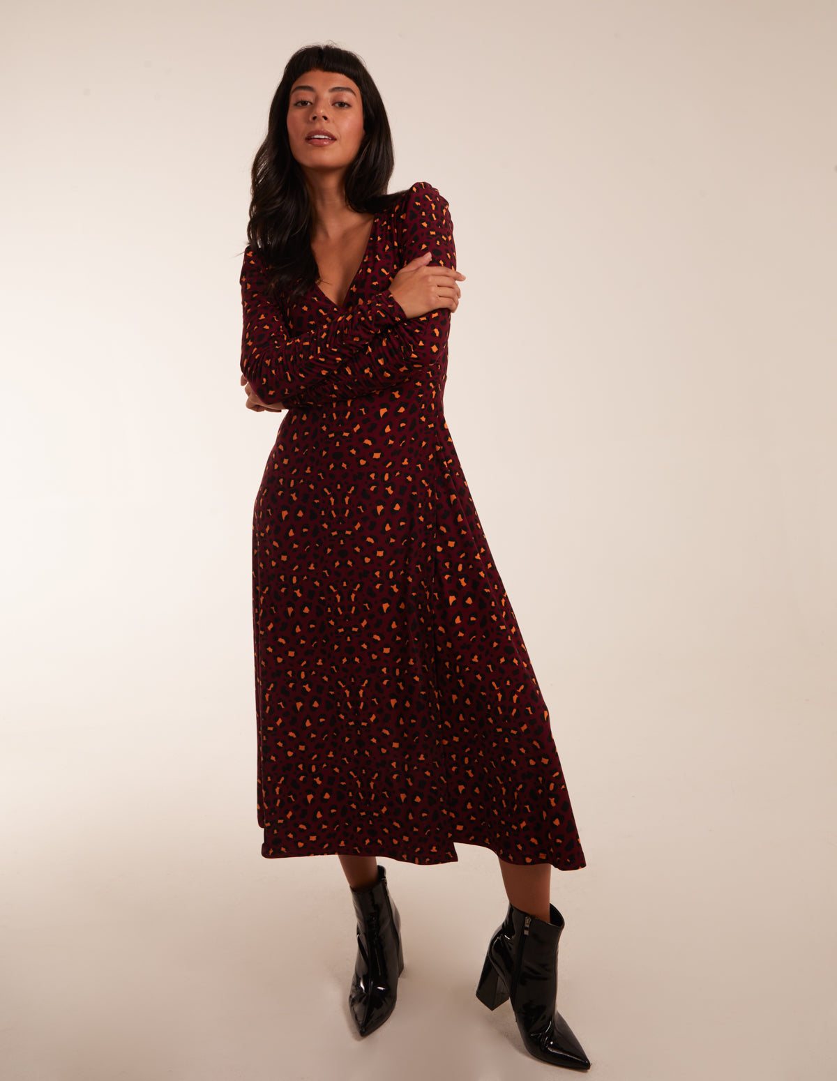 Leopard Print Wrap Front Ruched Midi Dress 