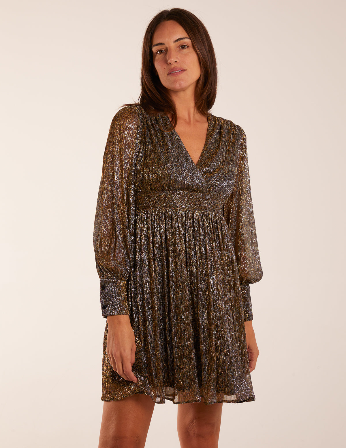 Metallic Wrap Mini Dress 