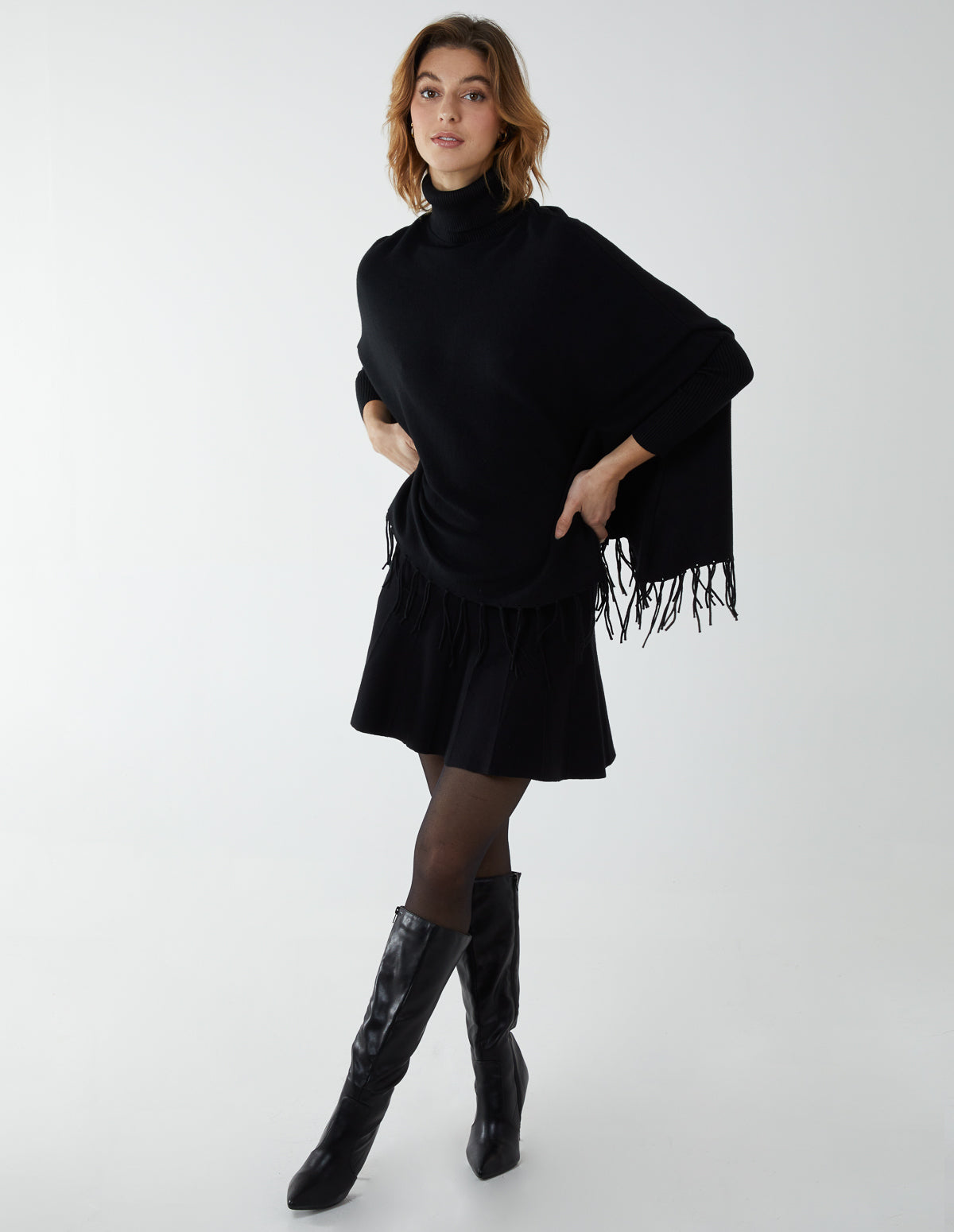 Tassle Hem Roll Neck Poncho - ONE / BLACK