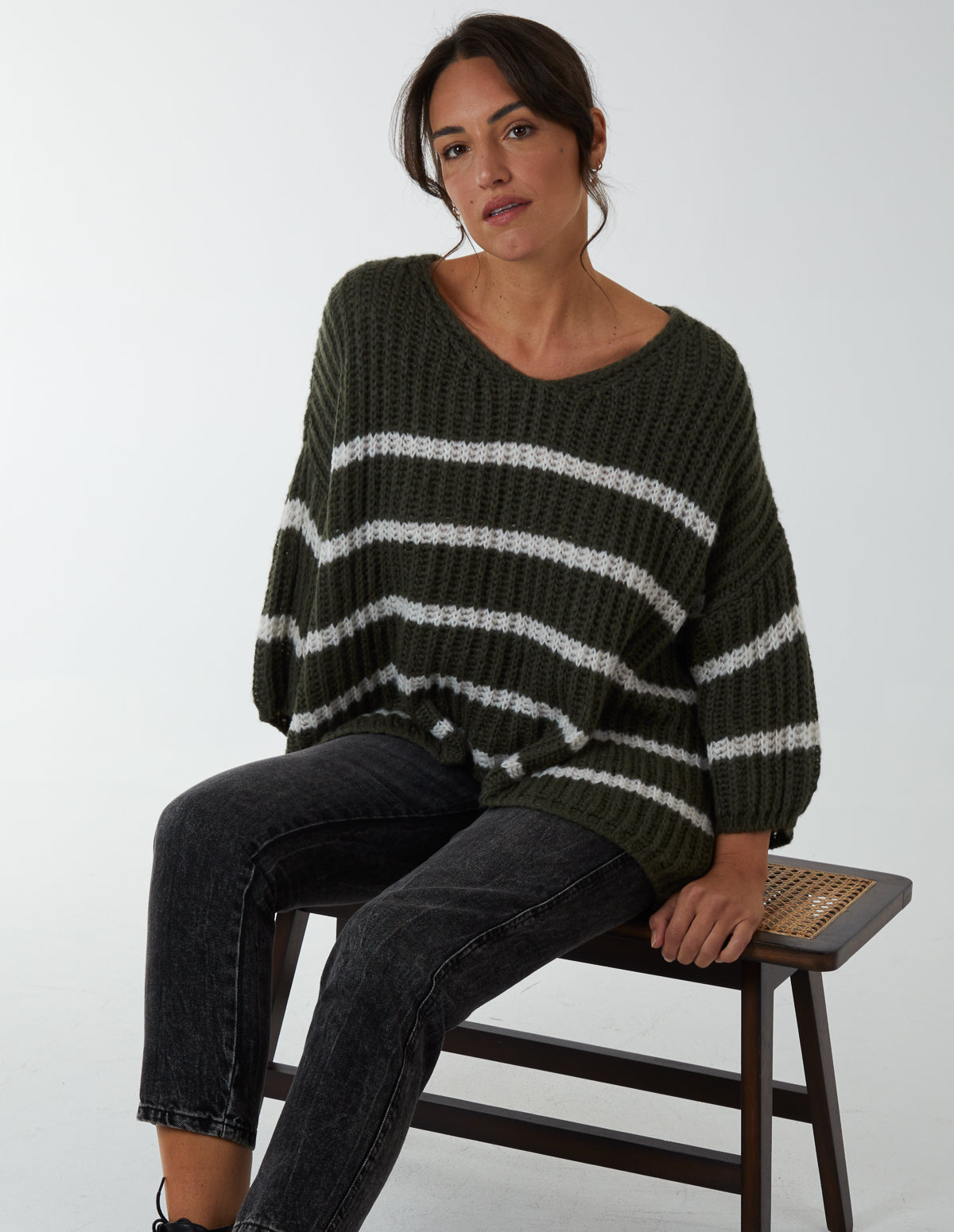 Striped Knitted V Neck 