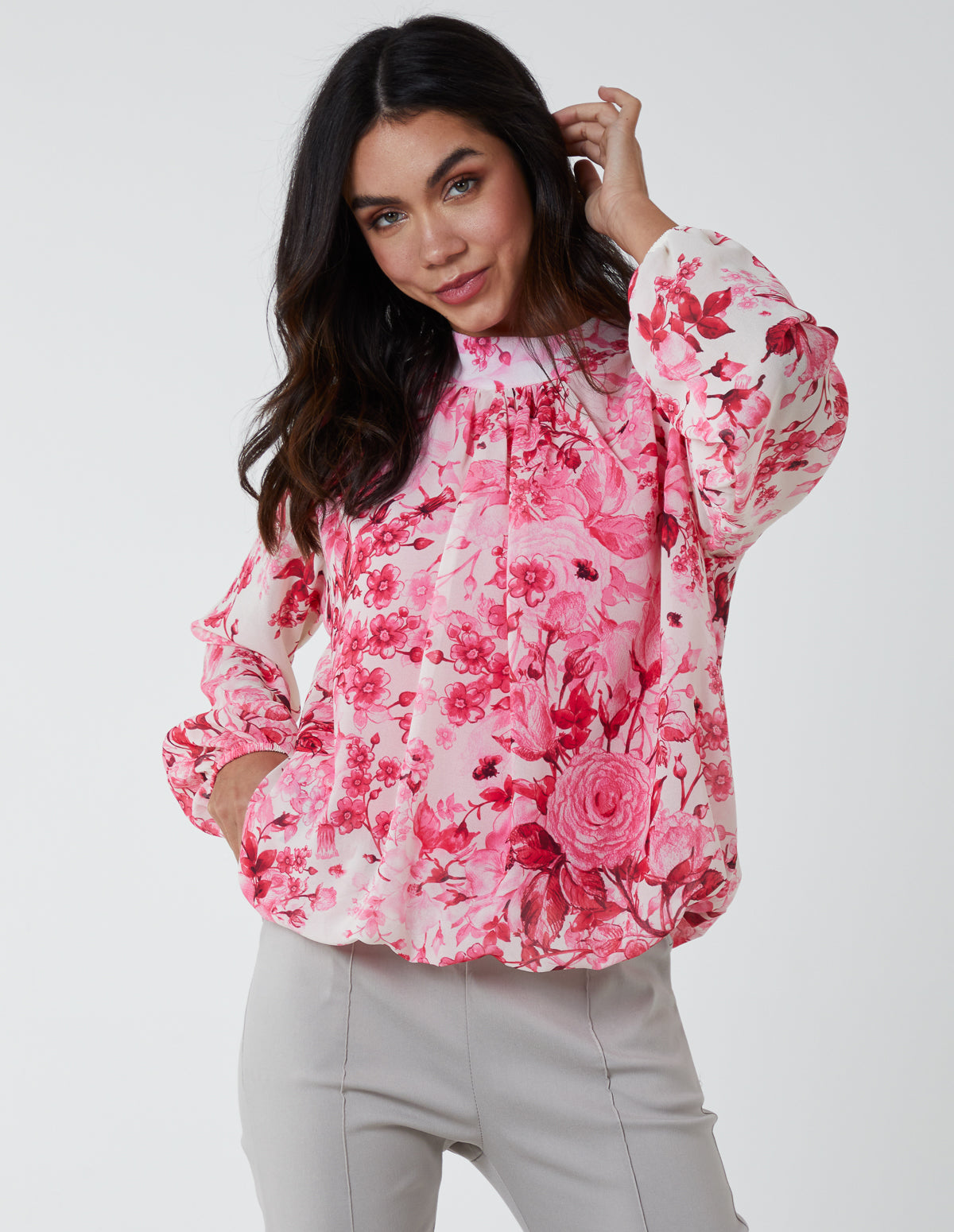 High Neck Floral Print Blouse 