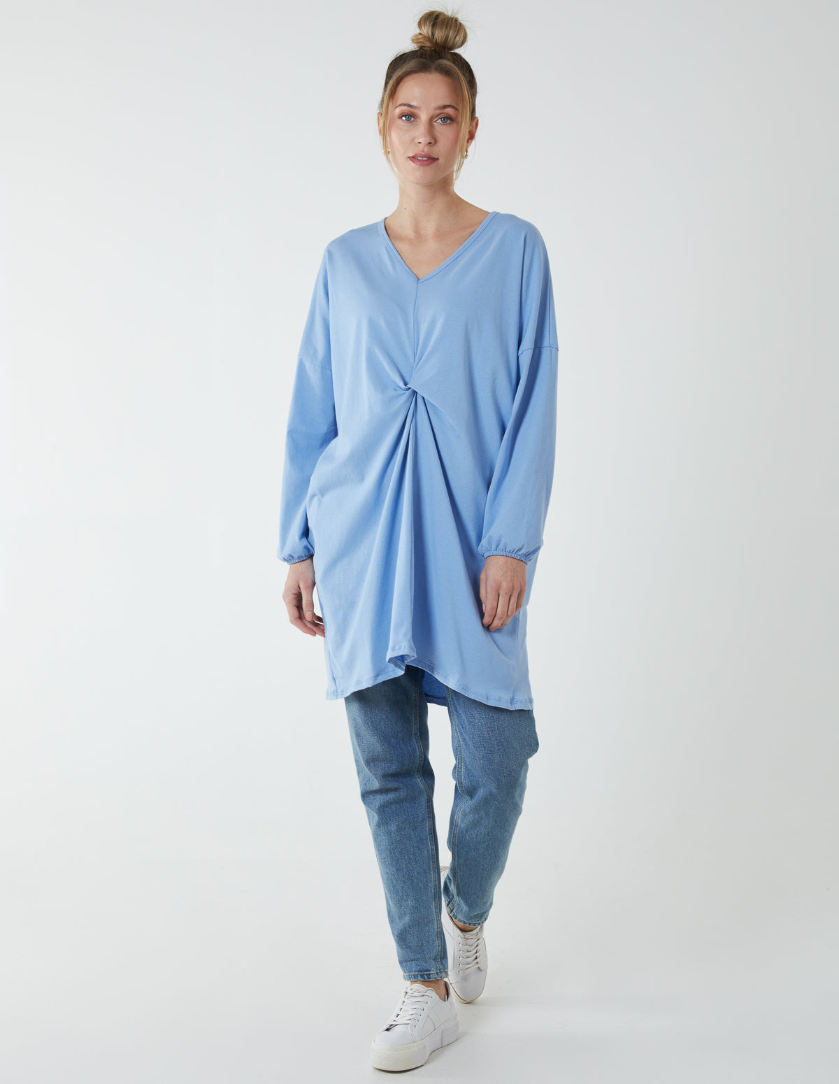 Twist Front Cotton Tunic With Side Pocket - ONE / BLUE