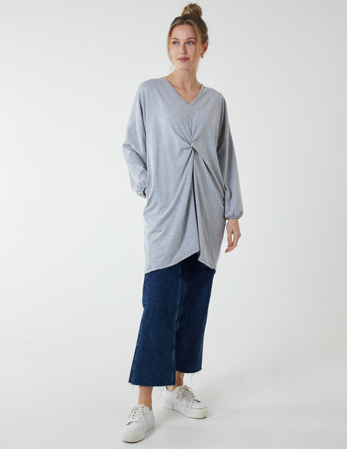 Twist Front Cotton Tunic With Side Pocket - ONE / GREY