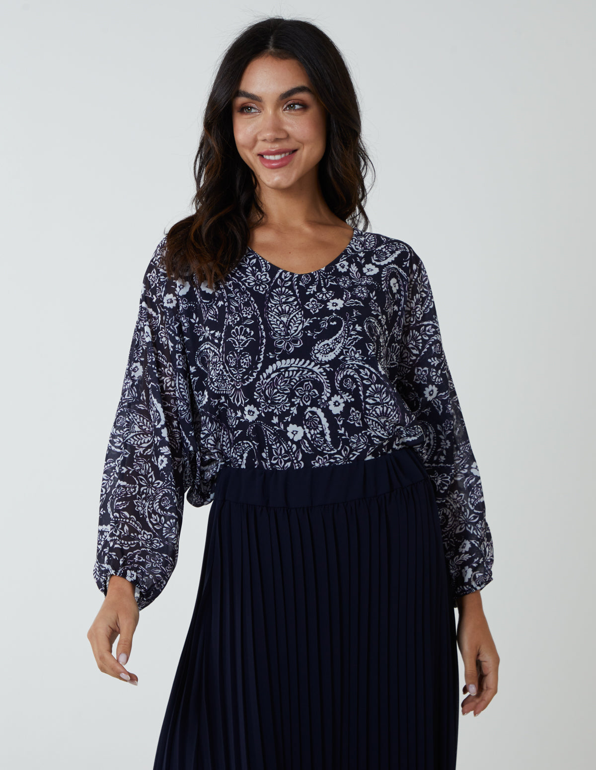 Batwing V-Neck Bubble Hem Top - ONE / NAVY