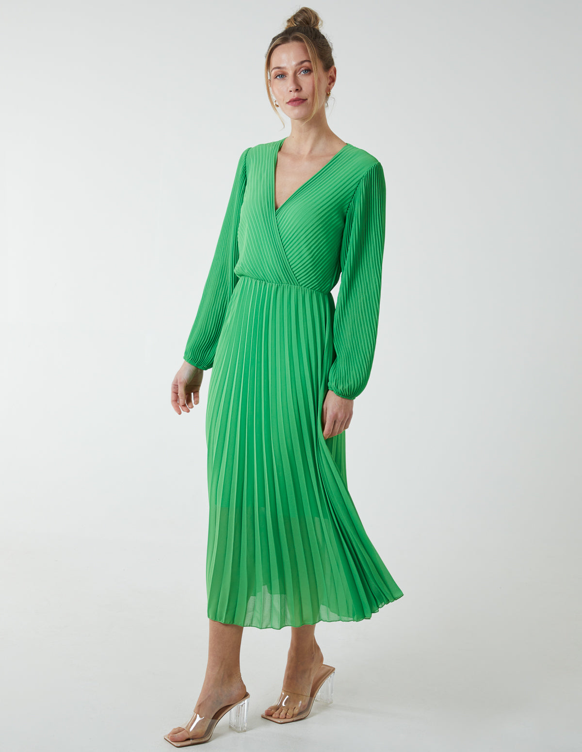 Pleated V-Neck Dress 