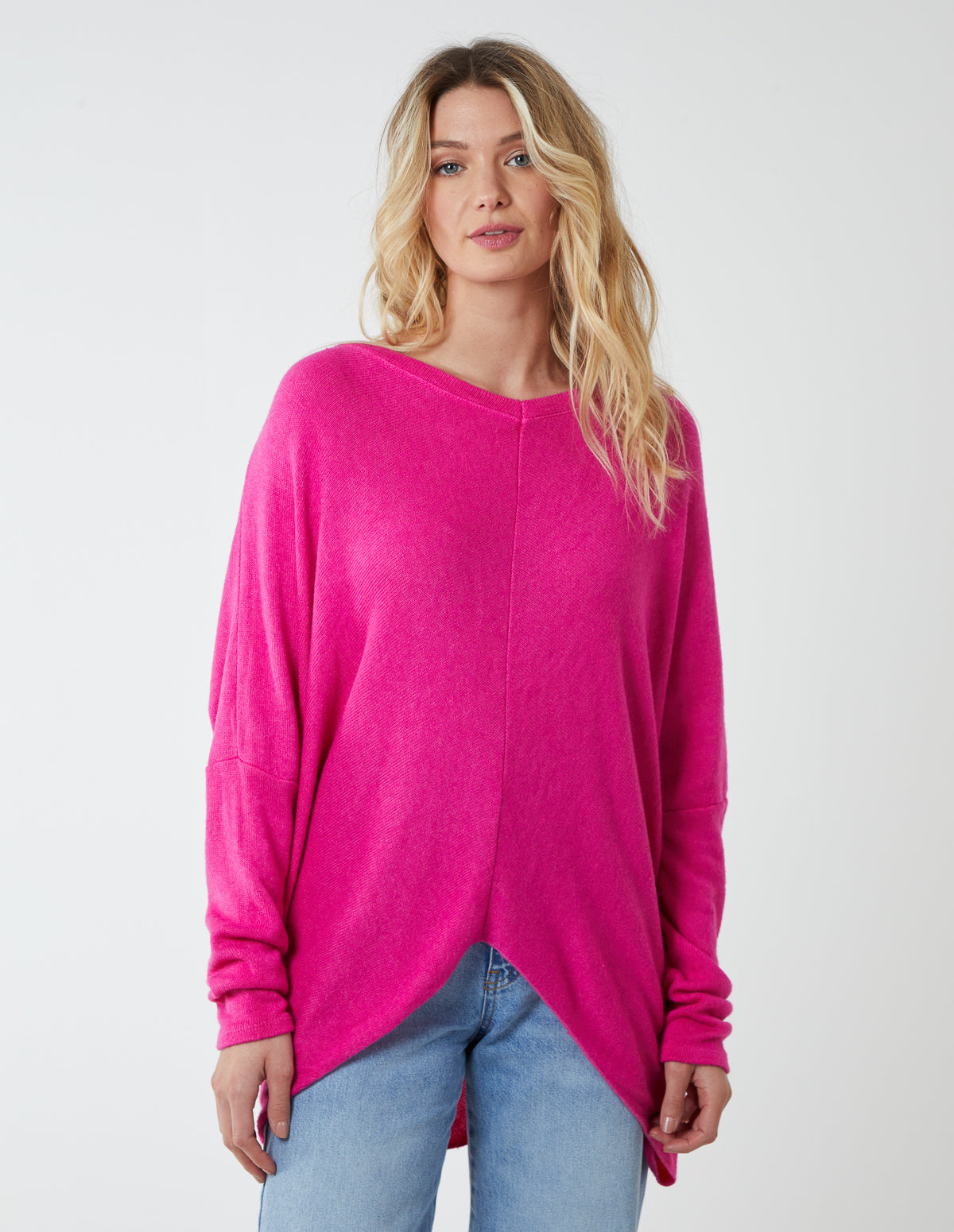 V Neck Front Cut And Sew Soft Knit Jumper - ONE / HOT PINK