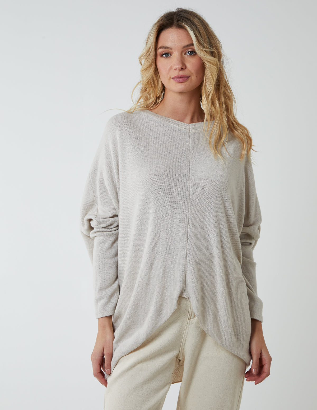 V Neck Front Cut And Sew Soft Knit Jumper - ONE / STONE