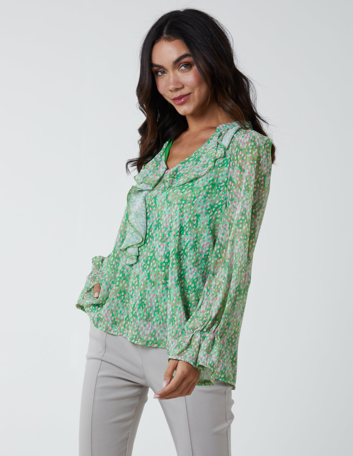 Chiffon Frill Blouse - S/M / GREEN