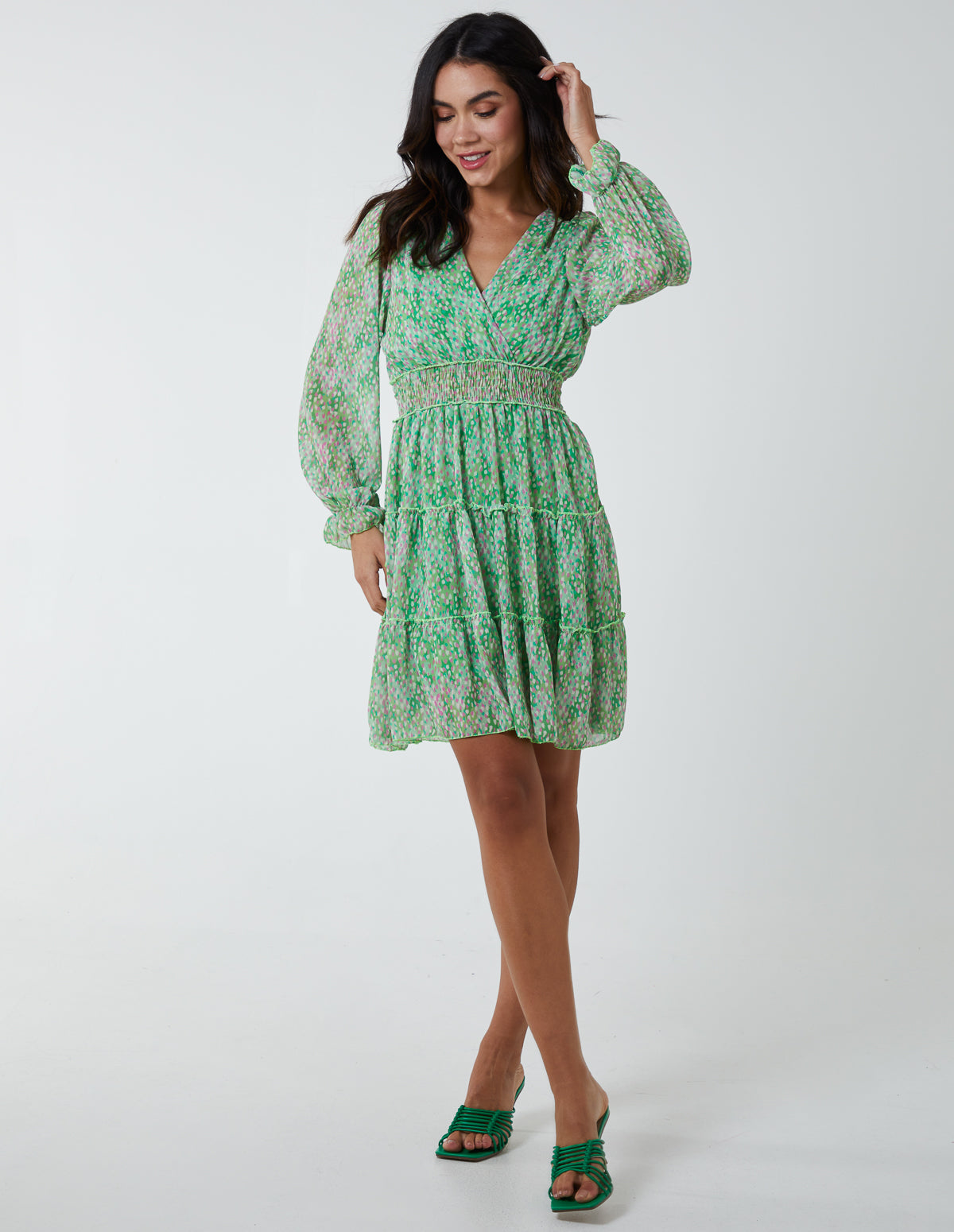 Sheared Waist Tiered Crossover Chiffon Print Dress - S/M / GREEN