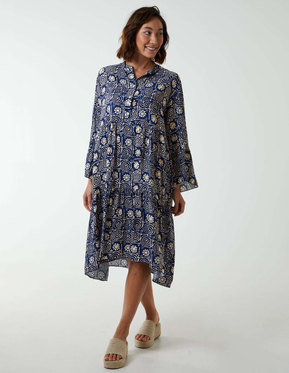 Digital Swirl Print Button Up Tiered Dress 