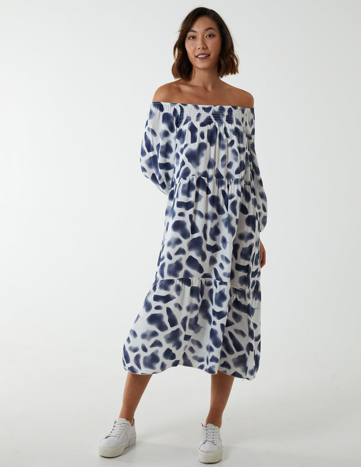 Square Smock Bardot Tiered Midi Dress - M/L / NAVY