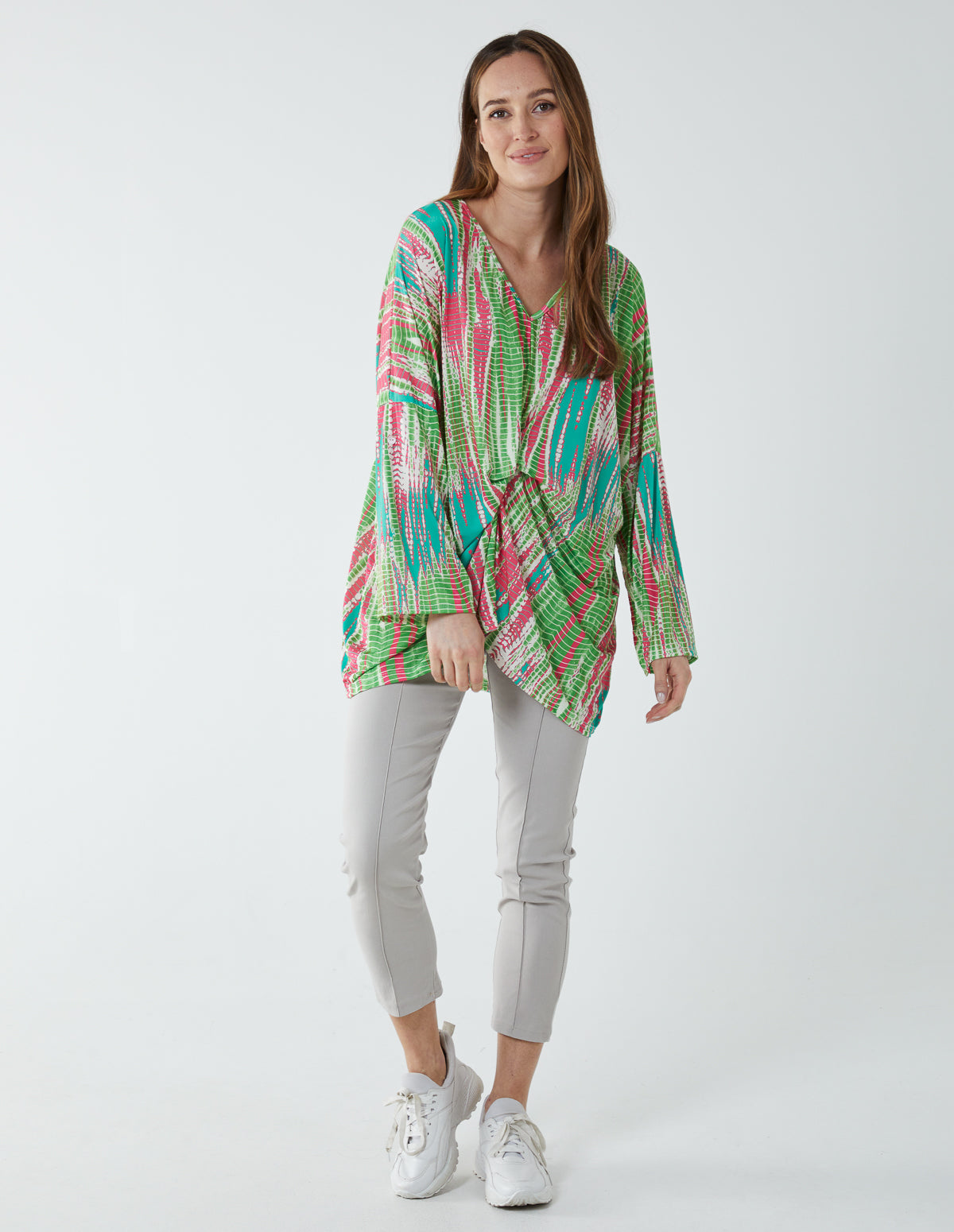 Twist Front Abstract Long Sleeve Top - ONE / GREEN