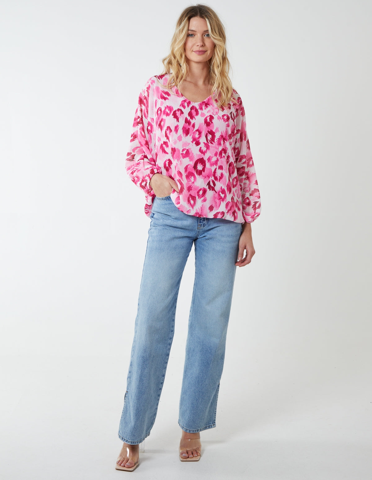 Leopard Print V Neck Blouse - S/M / HOT PINK