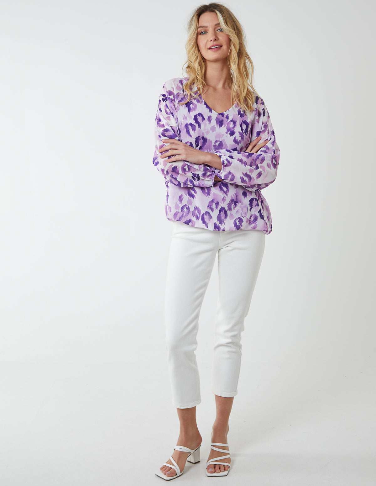 Leopard Print V Neck Blouse - S/M / Lilac