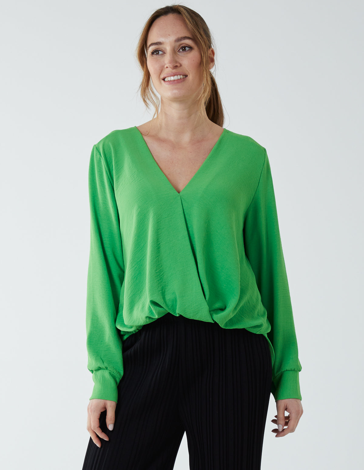 Crossover Woven Plain Blouse - S / GREEN