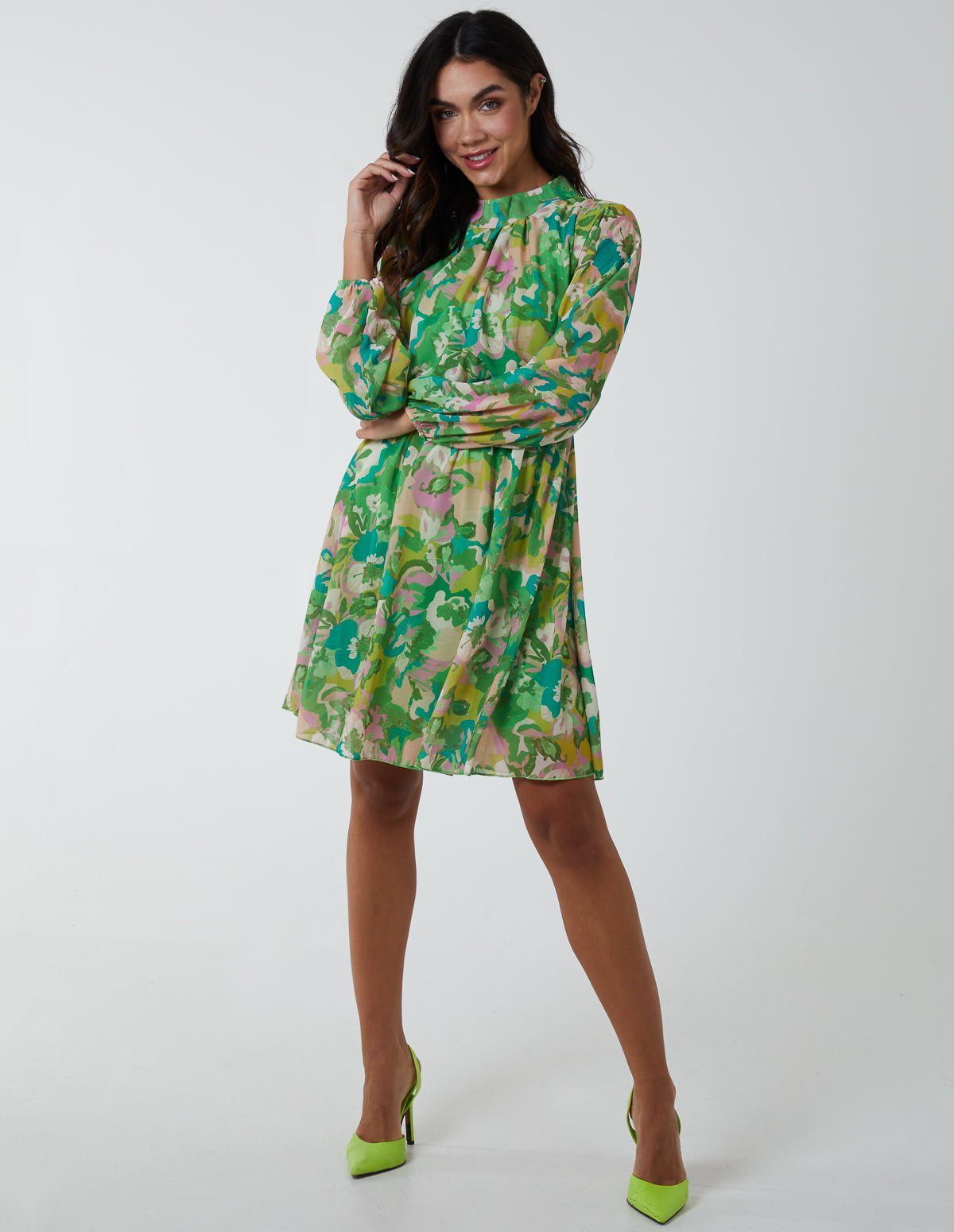 High Neck Print Dress - S/M / GREEN