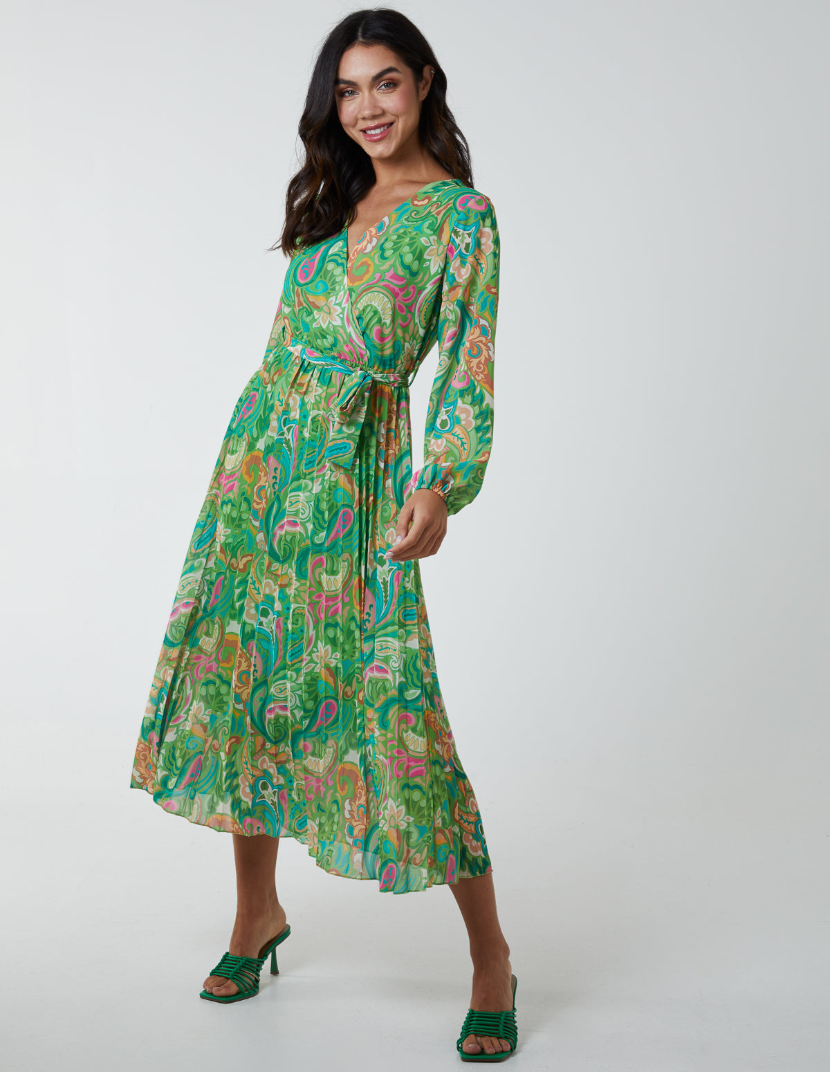 Paisley Wrap Pleated Dress 