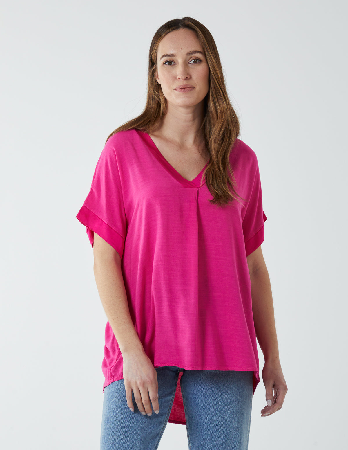 Satin Trim  V Neck Top 