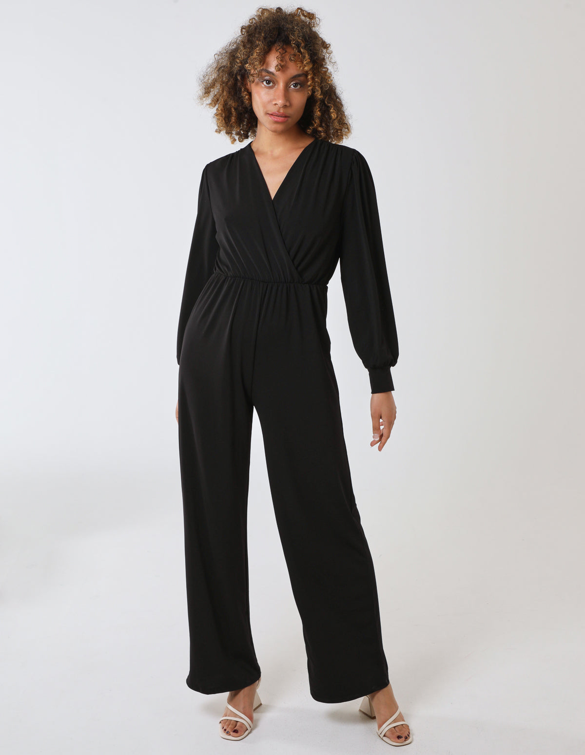 Elasticated Waist Crossover Long Sleeve Jumpsuit - ONE / BLACK