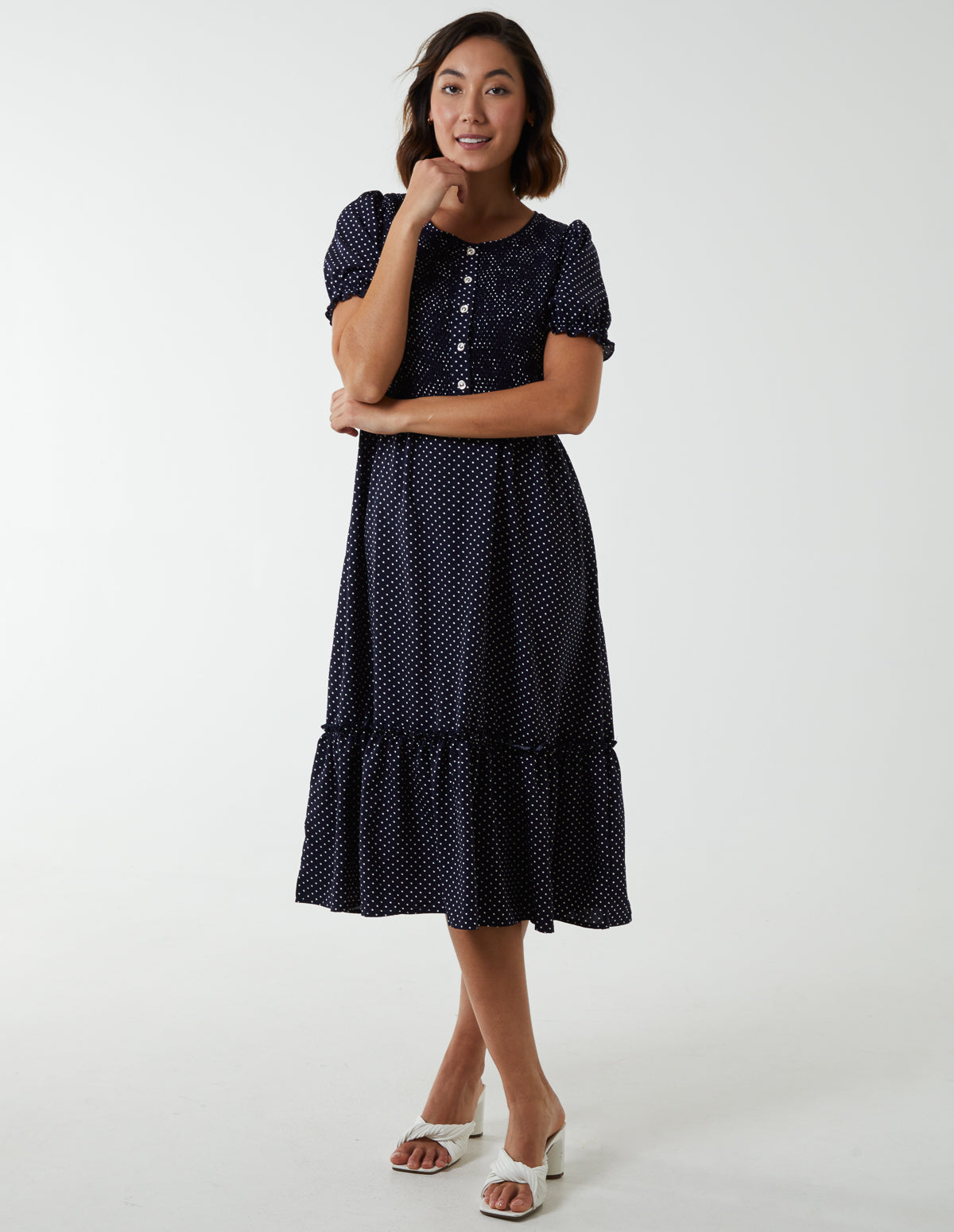 Polkadot Tie Waist Midi Dress - 12 / NAVY