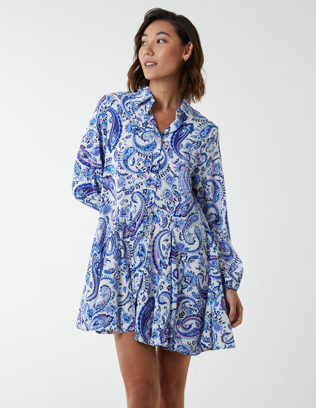 Paisley Button Down Dress - S / BLUE