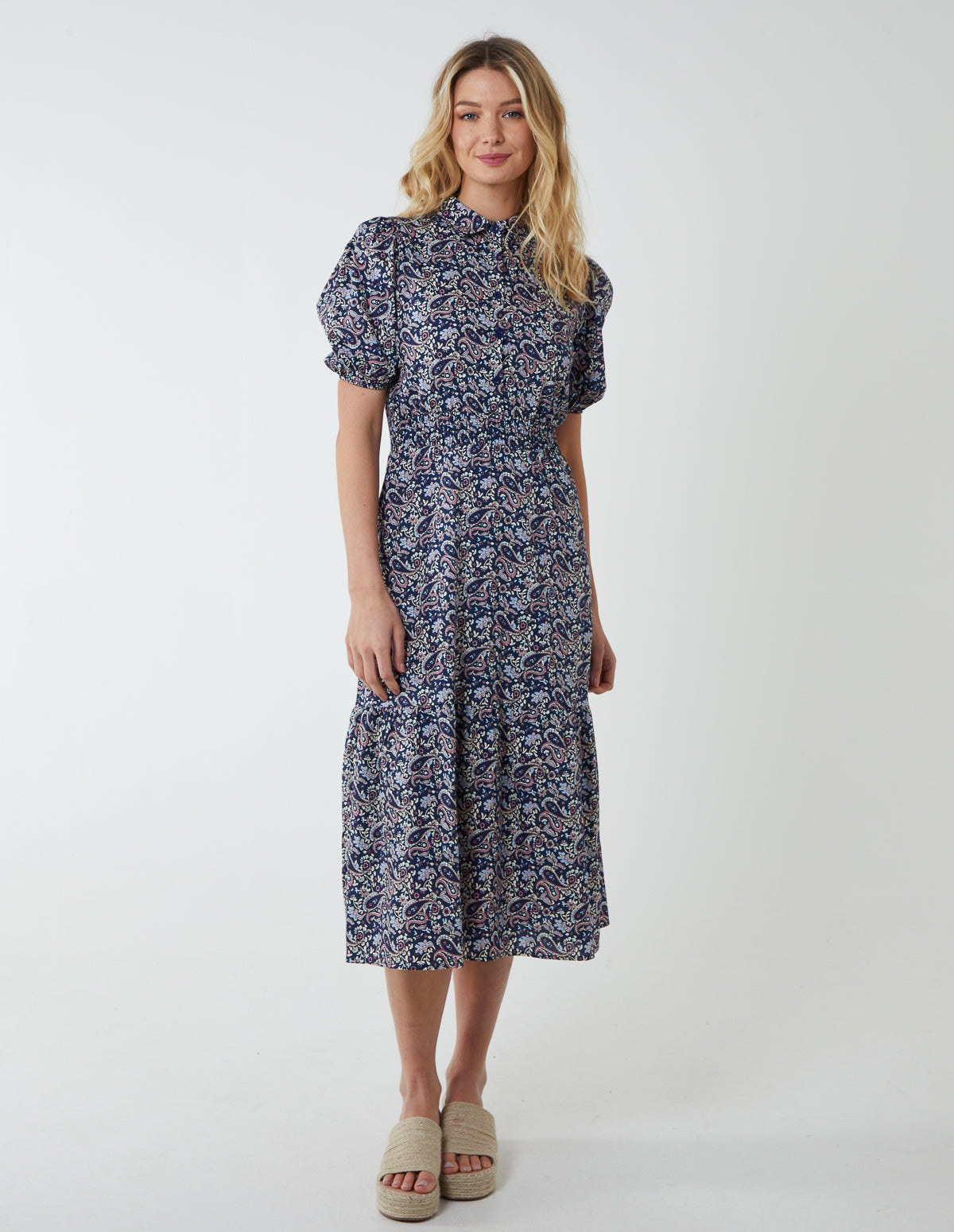 Volume Puff Sleeve Midi Shirt Dress 