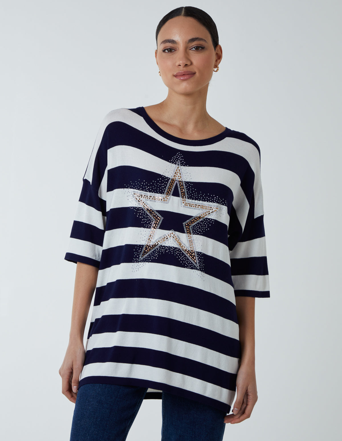 Striped T Shirt W Diamante Star - S/M / NAVY