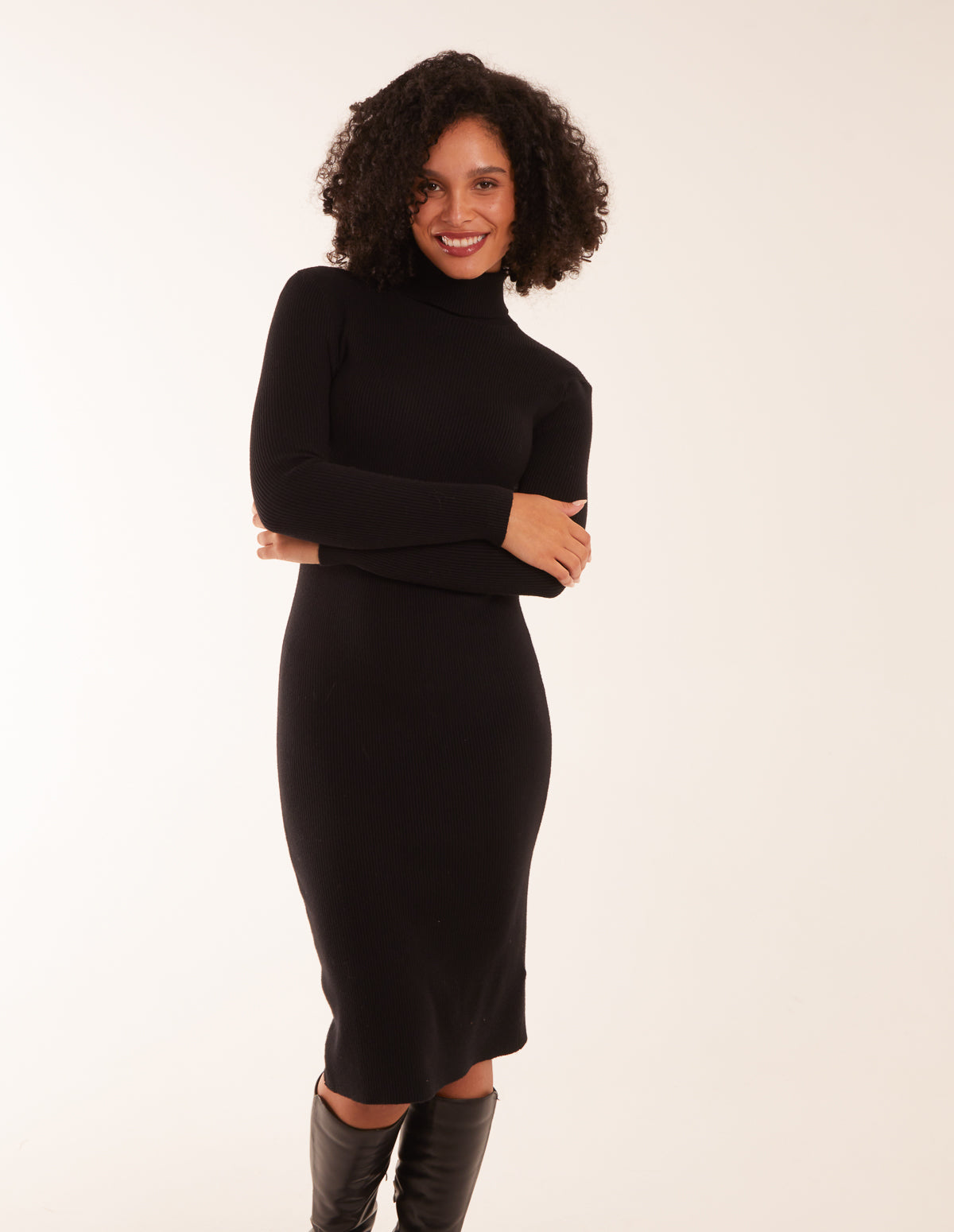 Ribbed Roll Neck Midi Dress - S / BLACK