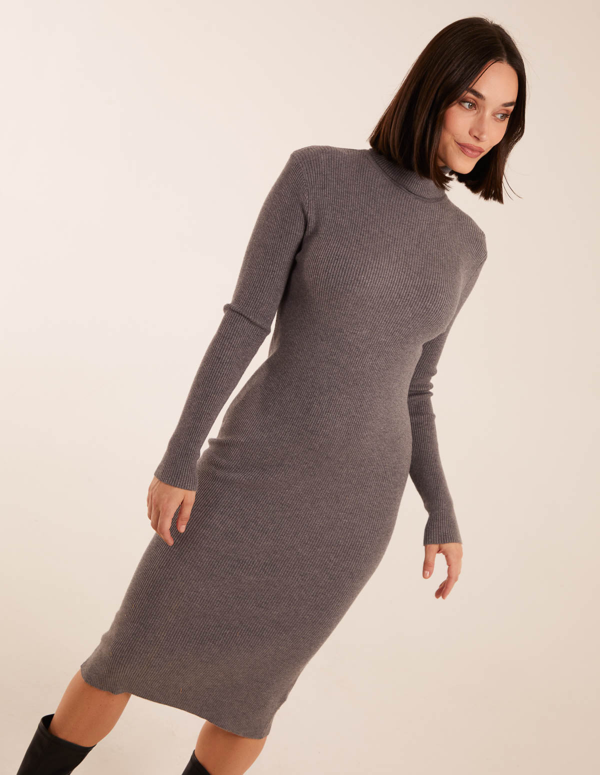 Ribbed Roll Neck Midi Dress - S / GREY