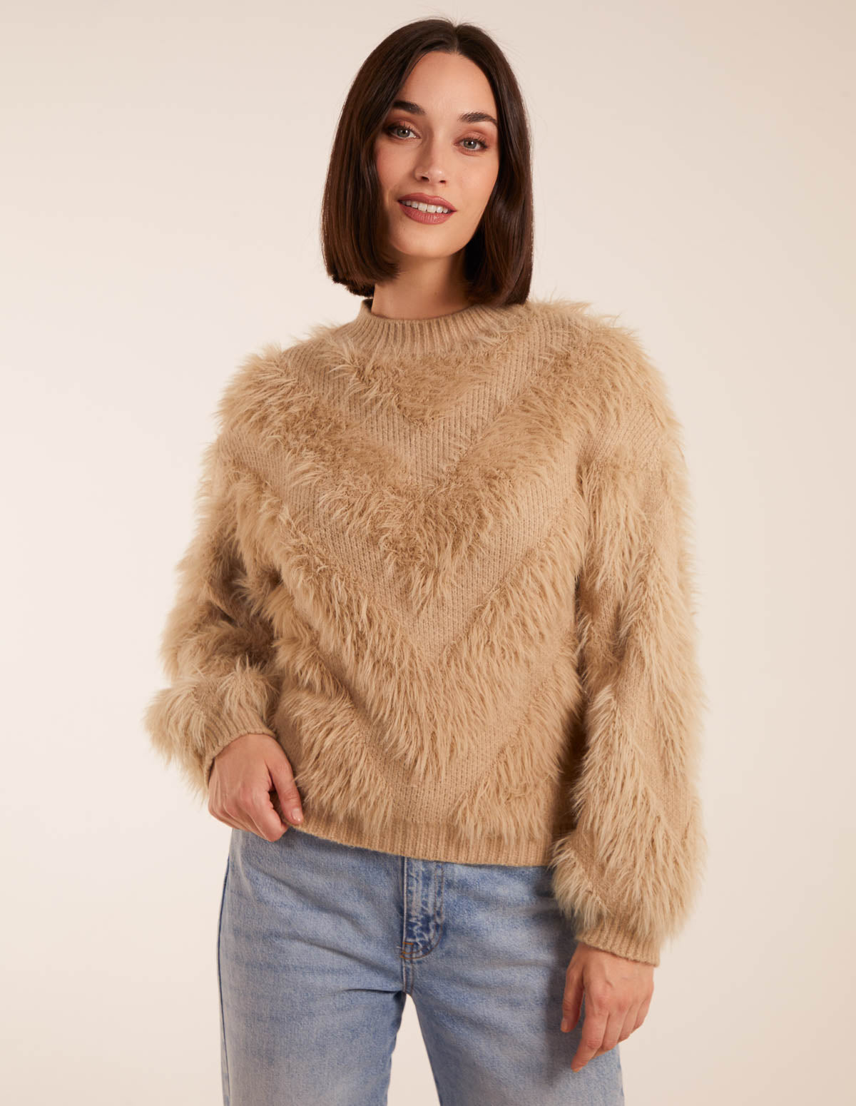 Fluffy Round Neck Cuff Sleeve Jumper - M/L / STONE