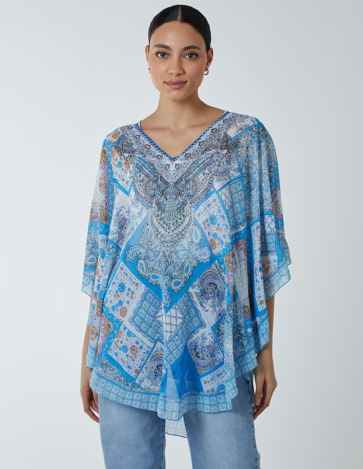 Patchwork Detail Kaftan Top - ONE / BLUE