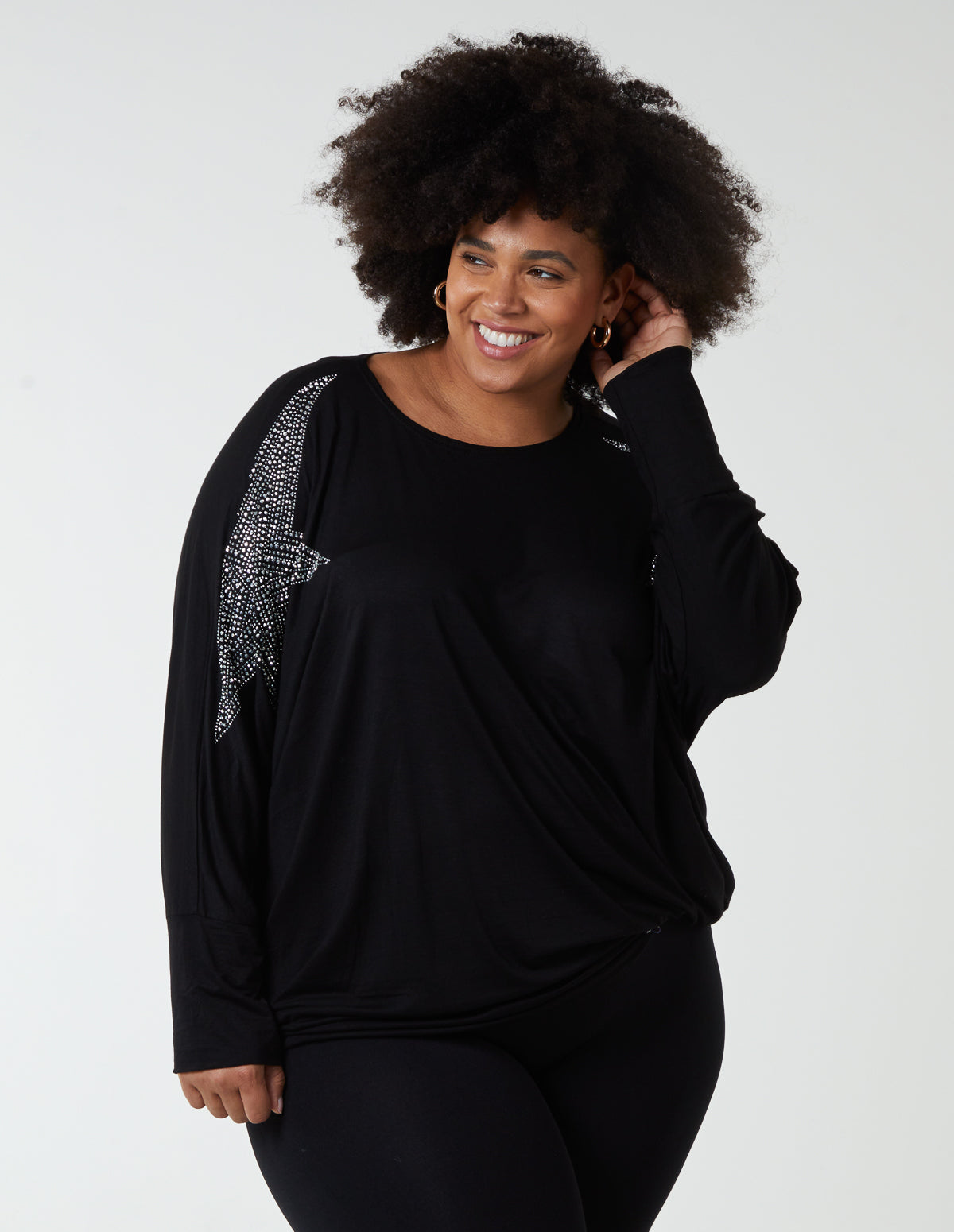 Curve Diamante Star Long Sleeve Batwing Top - 20 / BLACK