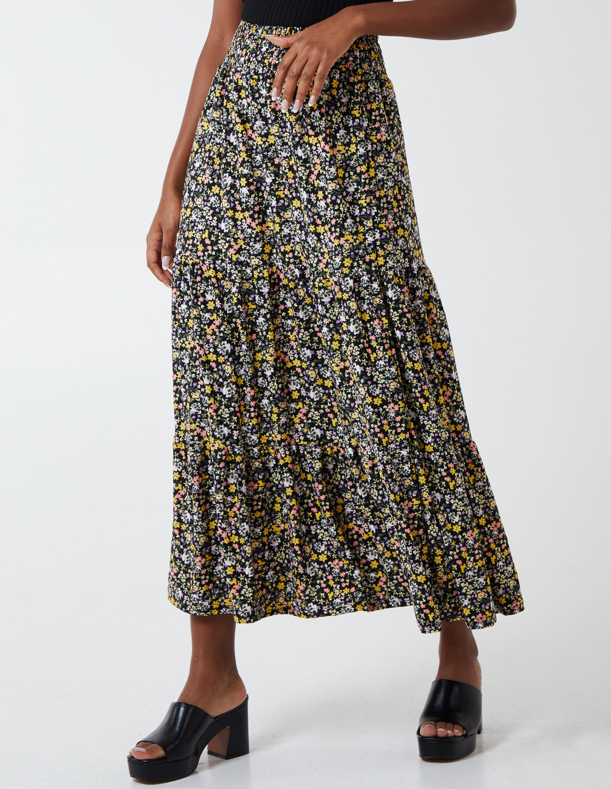BETHAN - Shirring Waist Smock Flower Skirt - M / BLACK