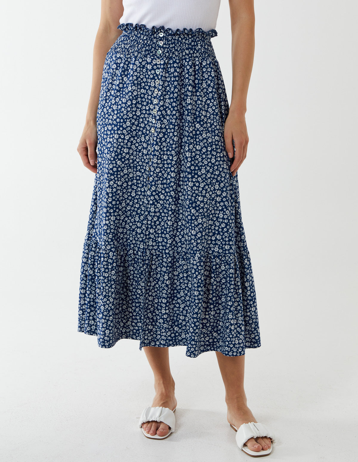 Button Front Shirring Waist Maxi Skirt 