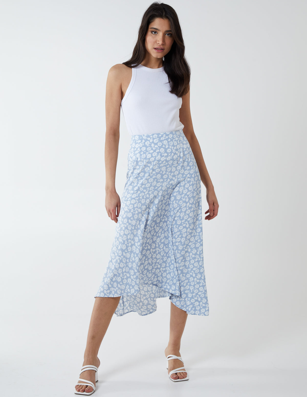 Floral Print Asymmetric Midi Skirt 