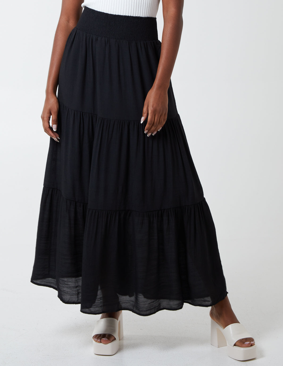 HALIMA - Shirring Waist Tiered Maxi Skirt - S / BLACK