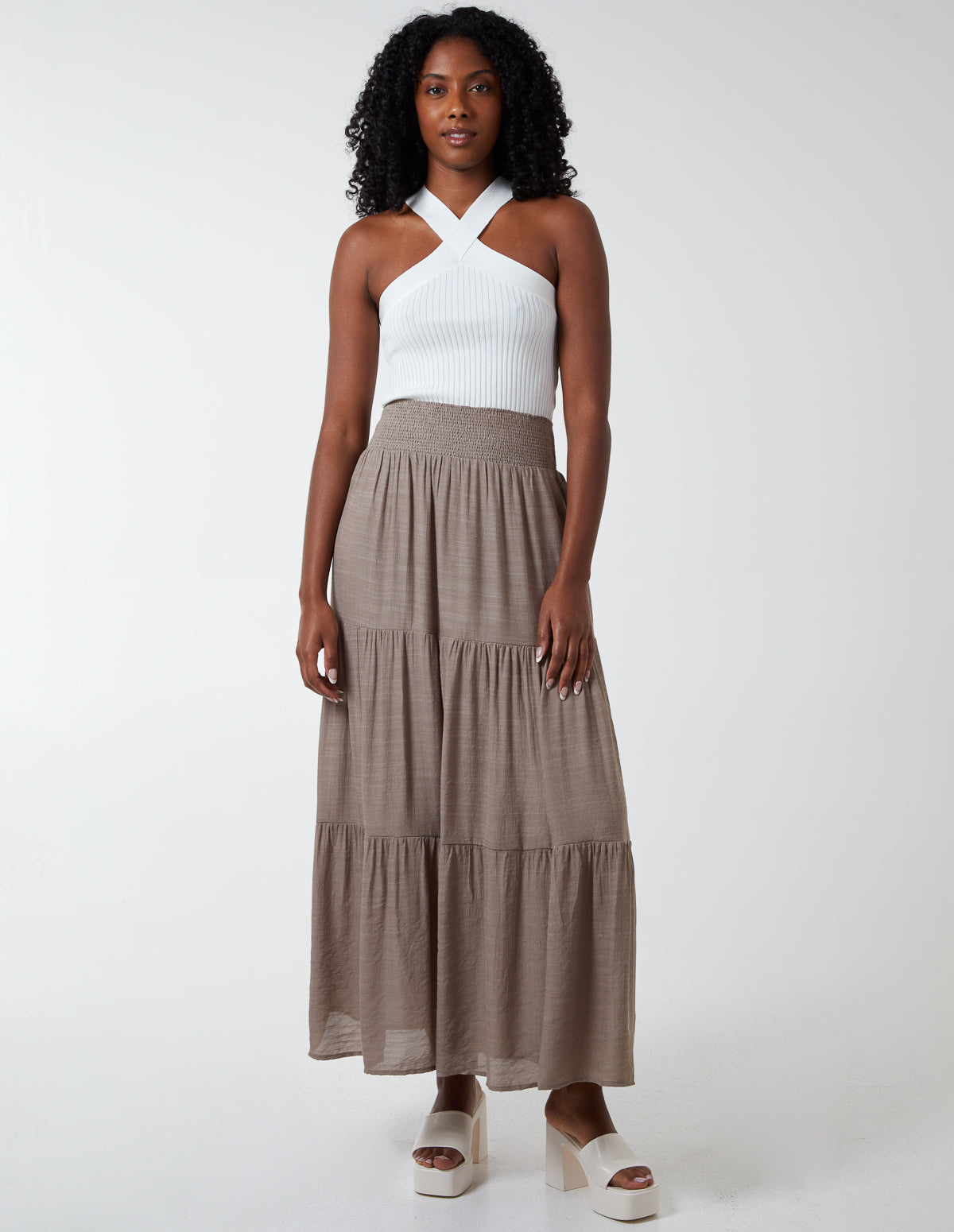 Shirring Waist Tiered Maxi Skirt 